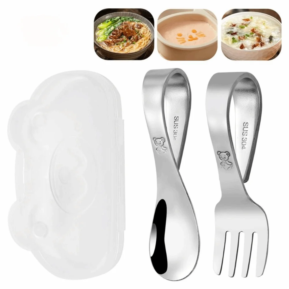 Stainless Steel Baby Forks and Spoons Set with Storage Box Curved Handle Cute Training Spoon Fork Food-grade Portable