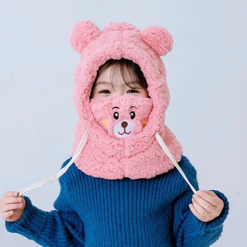 Children's Winter Hat Neck One - Piece Plush Cap with Cute Bear Design, Ear - Protection & Face Cover, for Boys & Girls