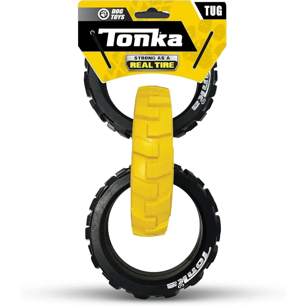 Tonka Three Dog Toy Gift Set - 3in Mega Ball, 7in Axle Tread with Insert Feeder, and 10.5in Rubber Flex Tread 3-Ring Tug - Yello