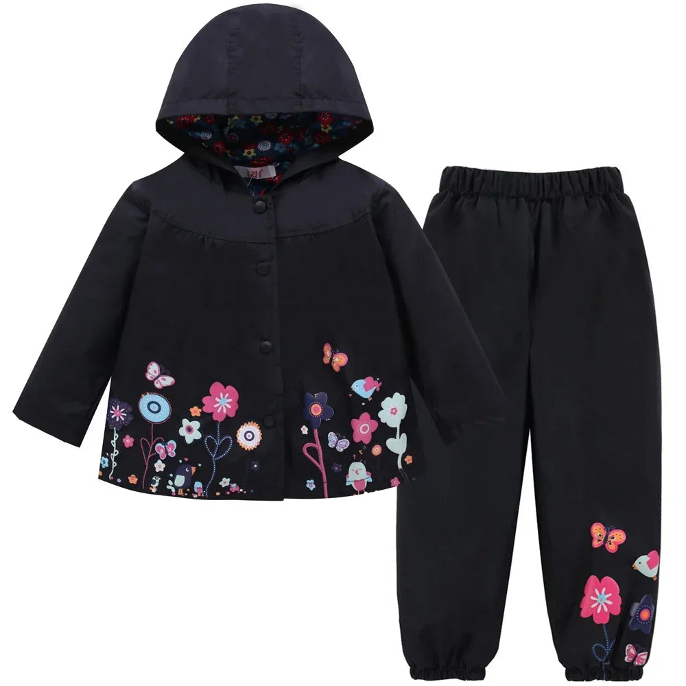 2PCS Unisex Toddler Waterproof Outfit - Spring Autumn Long-Sleeve Flower Print Coat & Pants