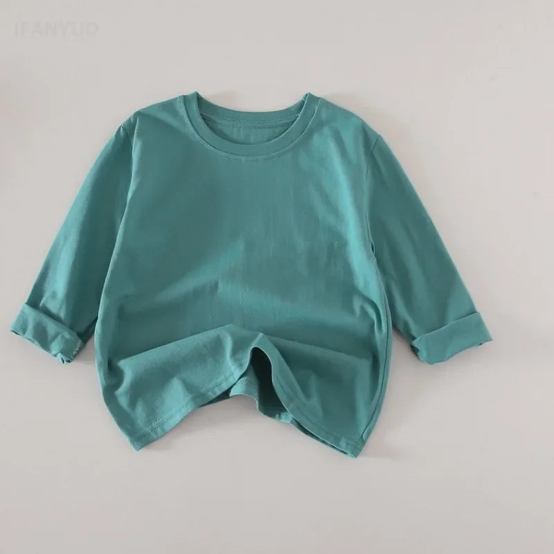 2-10Years Kids Base Shirt 2025 Spring Children's Cotton Girls' and Boys' Candy Color Long Sleeve Children's Round Neck T-shirt