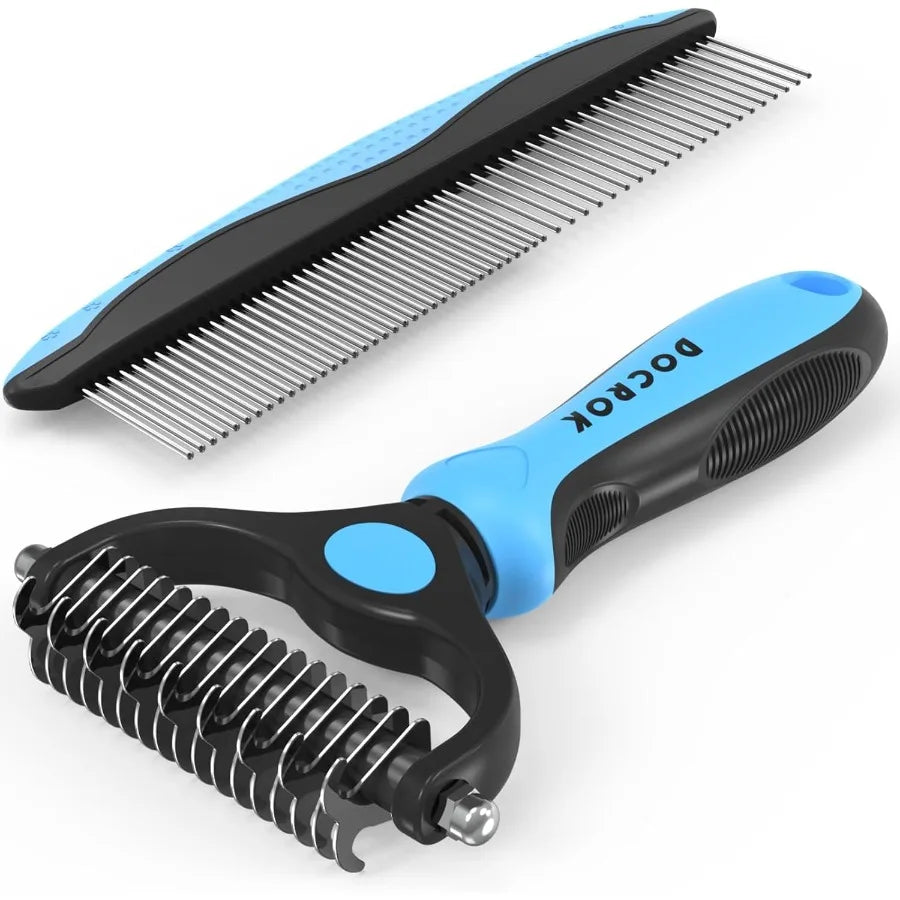 Pet Grooming Combo Blue Deshedding Brush with Metal Comb for Detangling and Dematting Long Matted Fur on Cats and Dogs Ideal fo