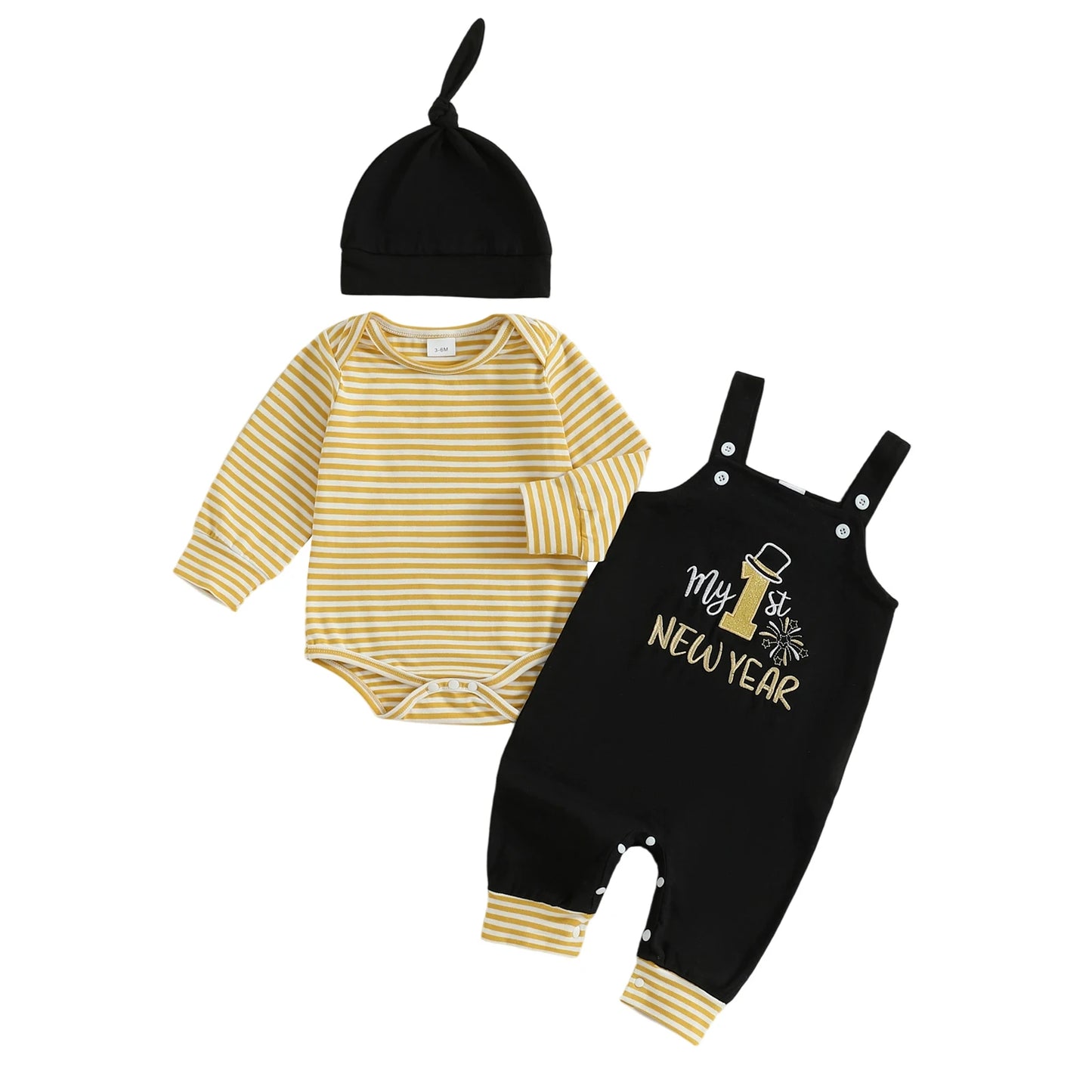 Adorable Newborn Boy 3 Piece Set with Long Sleeve Striped Romper Embroidered Overalls and Matching Hat for a Stylish Look