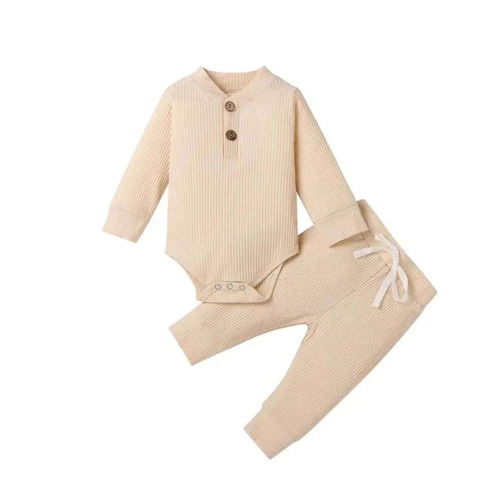 Spring Autumn Newborn Infant 2PCs Clothes Set for Boys & Girls Ribbed/Plaid/Solid Long Sleeve Bodysuit + Elastic Pants