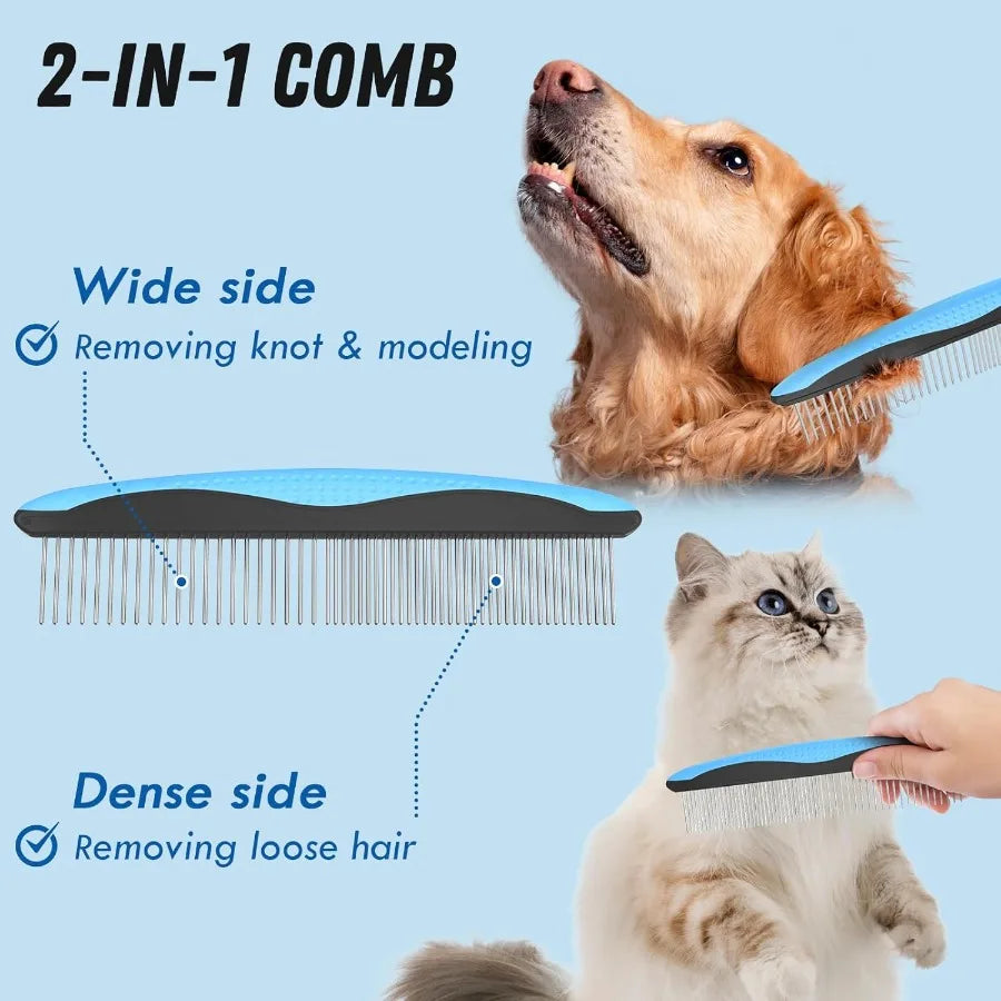 Pet Grooming Combo Blue Deshedding Brush with Metal Comb for Detangling and Dematting Long Matted Fur on Cats and Dogs Ideal fo