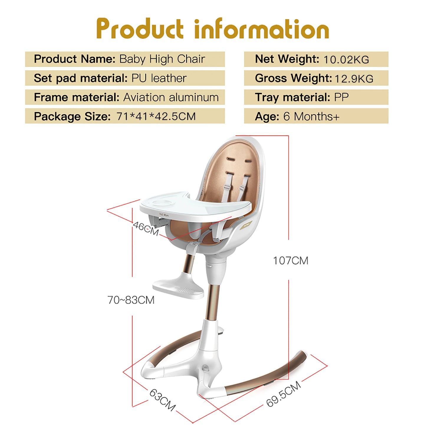 Hot Mom Baby High Chair With Adjustable Seat Height, Eating Chair with Foot Rest,Removable Tray,PU Leather Cushion