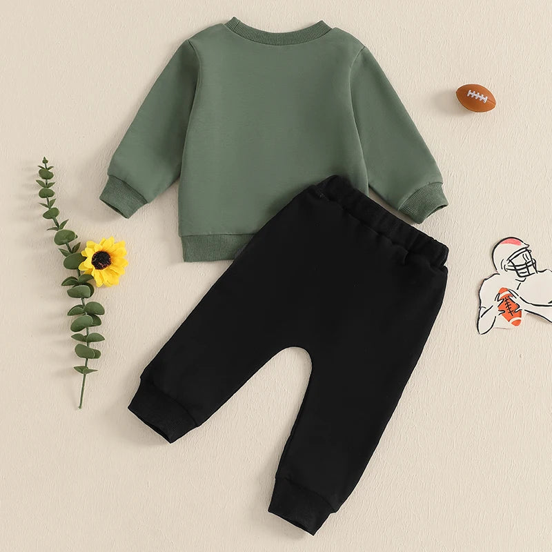 Toddler Unisex Autumn Clothes Set Long Sleeve Round Neck Letter Print Top with Bow Tie Solid Color Trousers for Baby Girl Boy