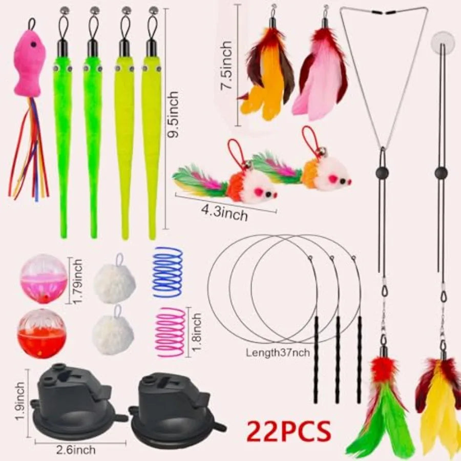 22Pcs 5in1 Cat Toys Interactive Cat Toy for Indoor Cats with Sticky Super Suction Cup Detachable Replacements Feathers Ba Mice