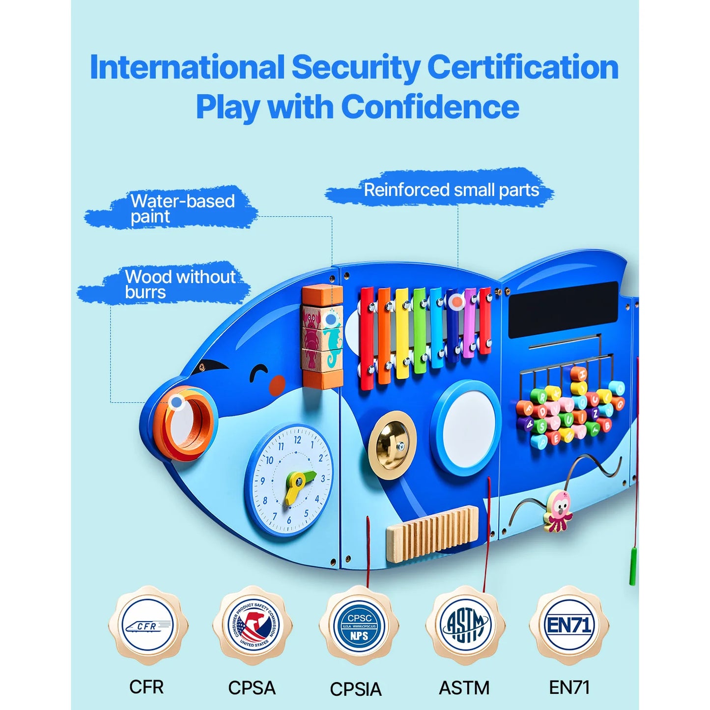 SucceBuy Orca Kids Wall Busy Board 12 Activities Hanging Panels Montessori Sensory Learning Toys for Toddler 3-12 Play Toys