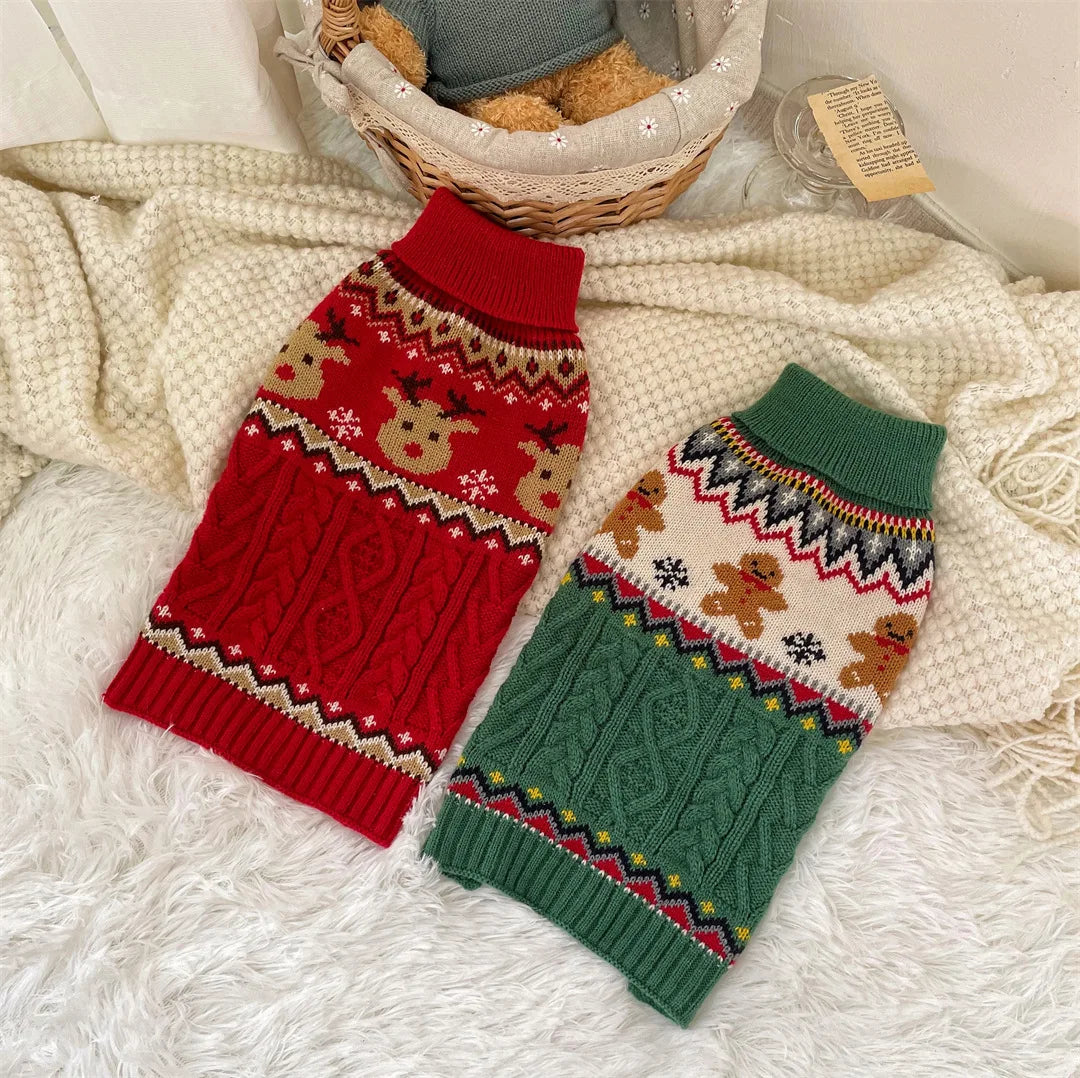 Christmas Red Green Reindeer High Neck Soft Sweater for Dog Puppy Winter Wear Clothes Pullover Sweatshirt Clothes Dog Cat