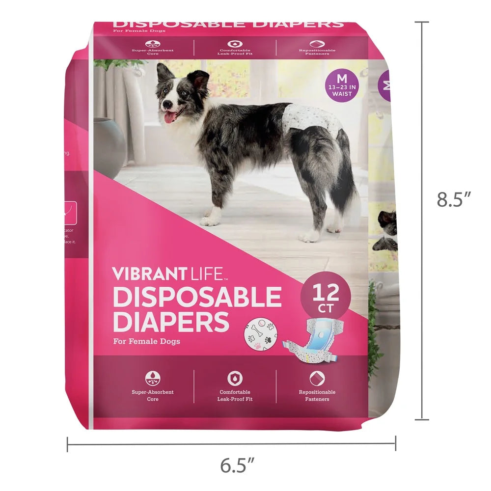 Disposable Dog Diapers Female Dogs Medium 12 Count Super Absorbent Leak Proof Fit with Wetness Indicator Adjustable Tabs