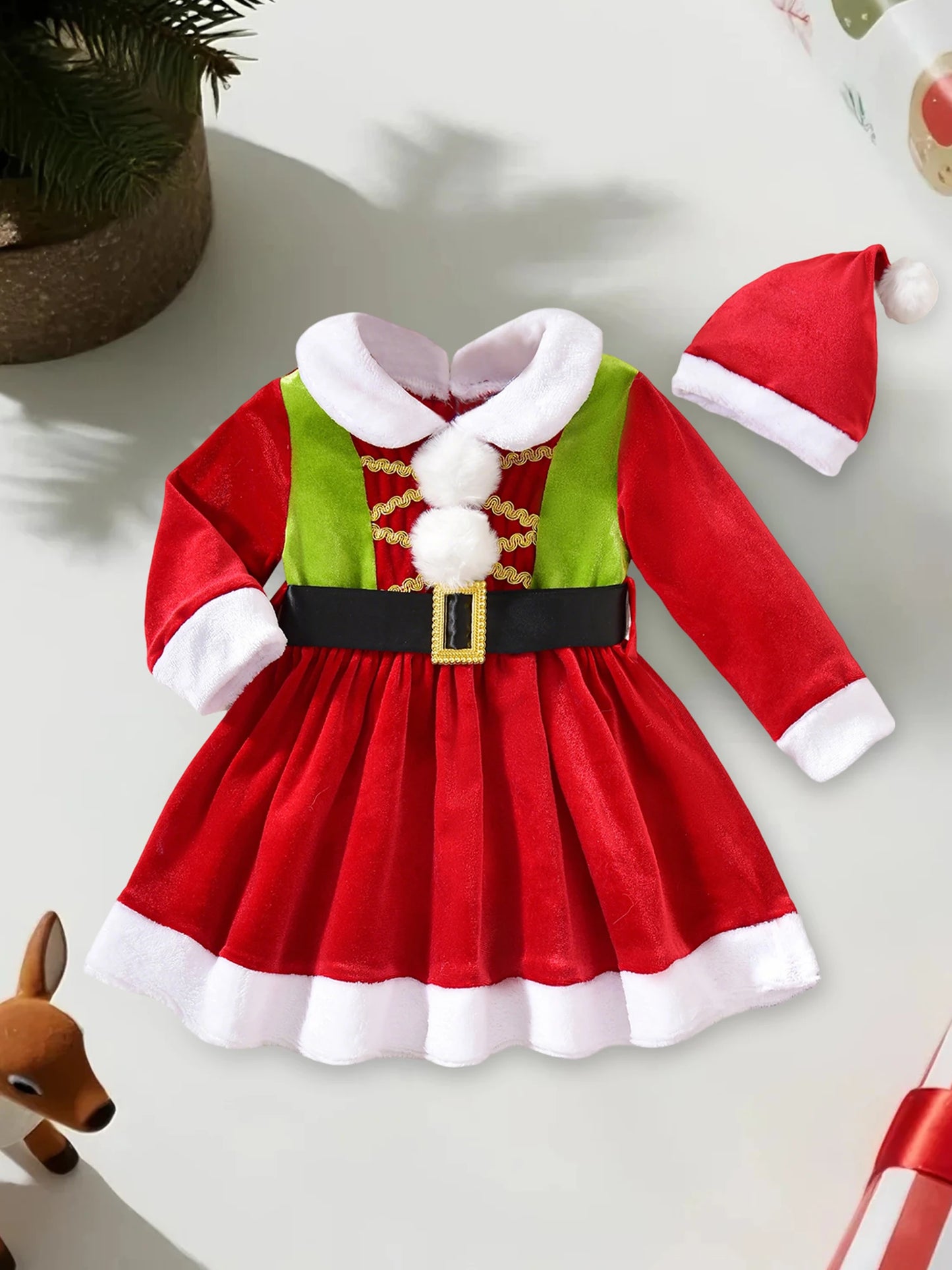 Toddler girl Christmas outfit, red dress and Santa hat.