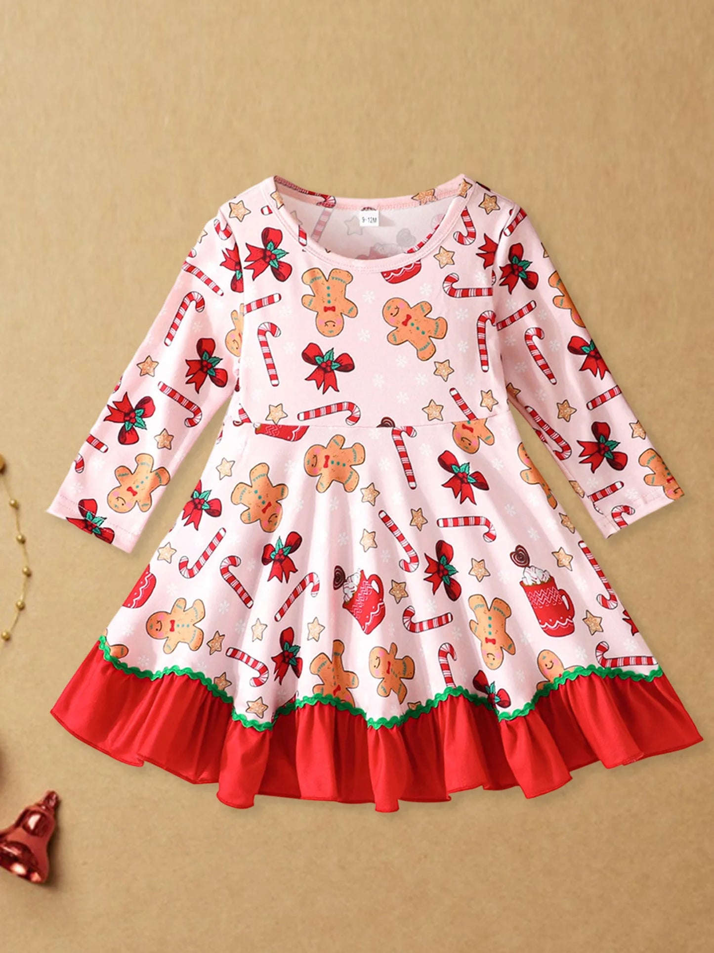 Toddler Baby Girl Christmas Dress Long Sleeve Crew Neck Gingerbread Man Cane Candy Print Dress