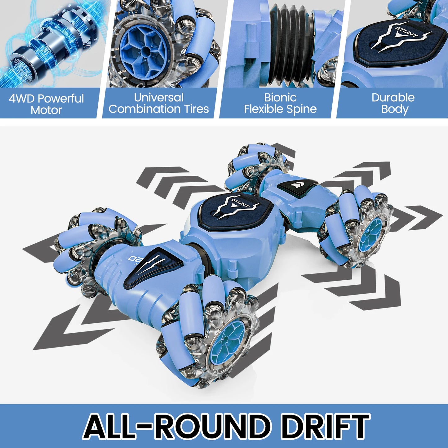 Remote Control Cars with Lights&Quick Hand Control , 2.4GHz 4WD Gesture Sensing, 360° Rotating Double Sided RC Stunt Car Toys