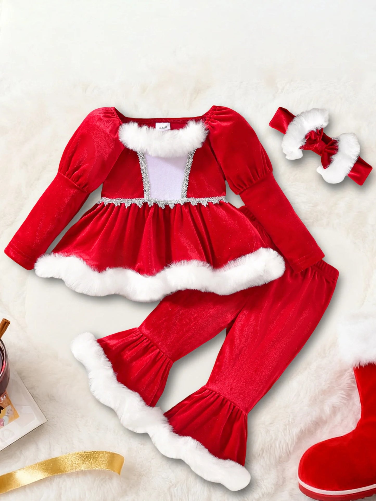 3Pcs Christmas Toddler Girl Outfit Long Sleeve Square Neck Plush Trim Tops with Elastic Waist Flare Pants Headband