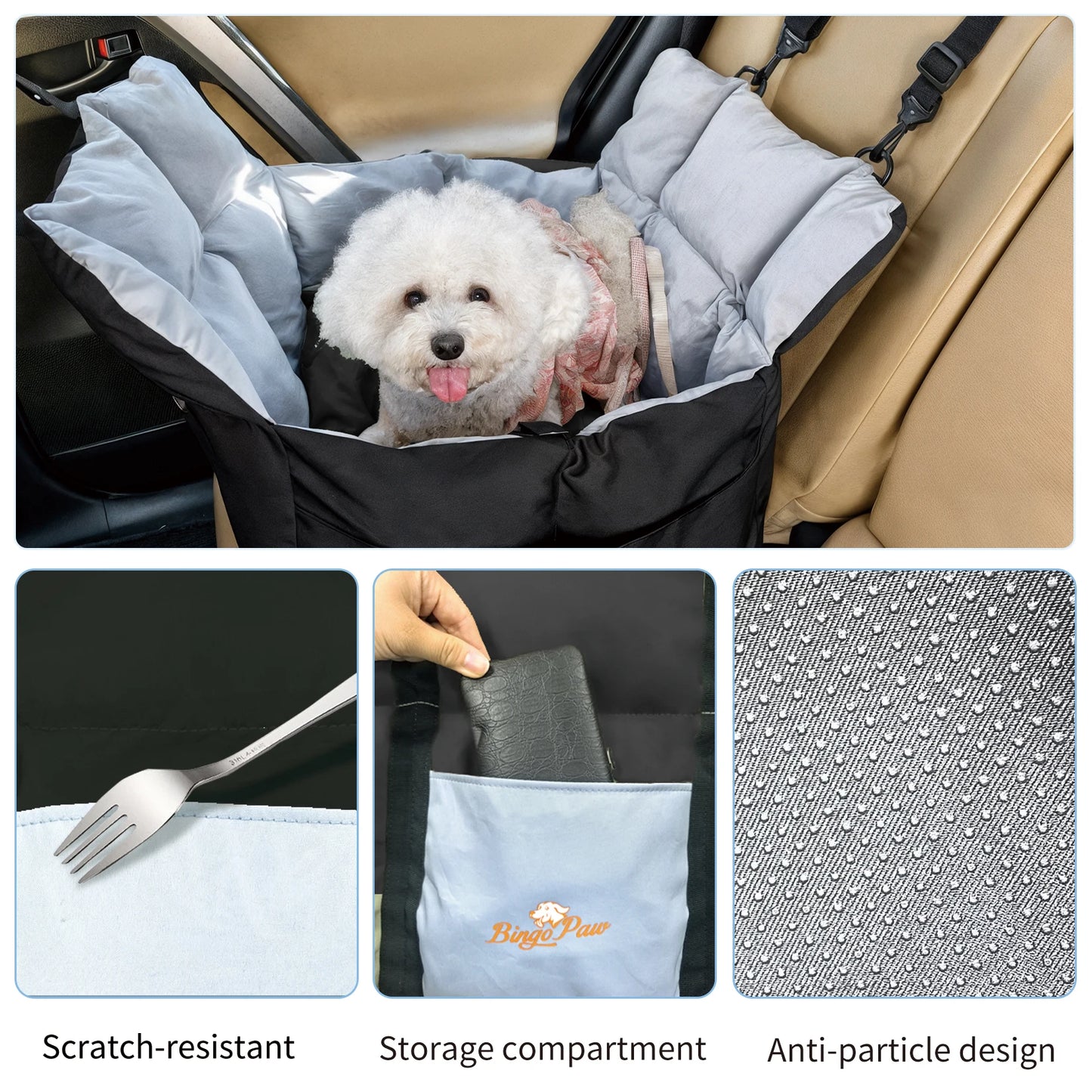 Dog Car Seat Safe & Cozy Travel Bed and Carrier for Small Dogs, Puppies, Pets up to 10 KG, Clip-On Leash & Storage Pockets