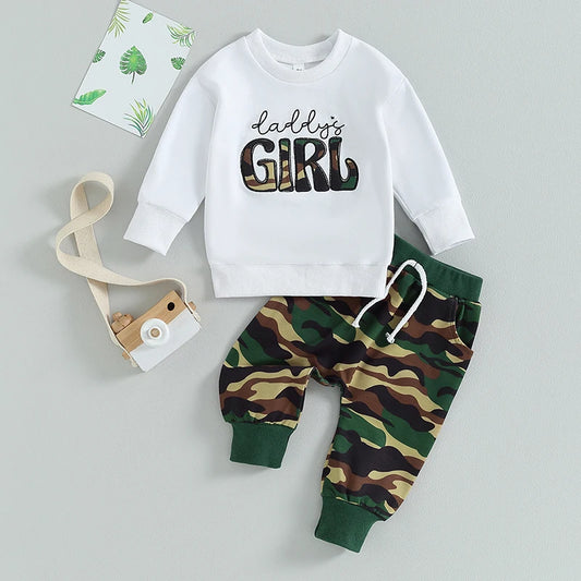 Adorable Baby Girl 2-Piece Spring Ensemble with Floral Embroidered Pullover and Camo Print Pants - Cute Toddler Outfit for