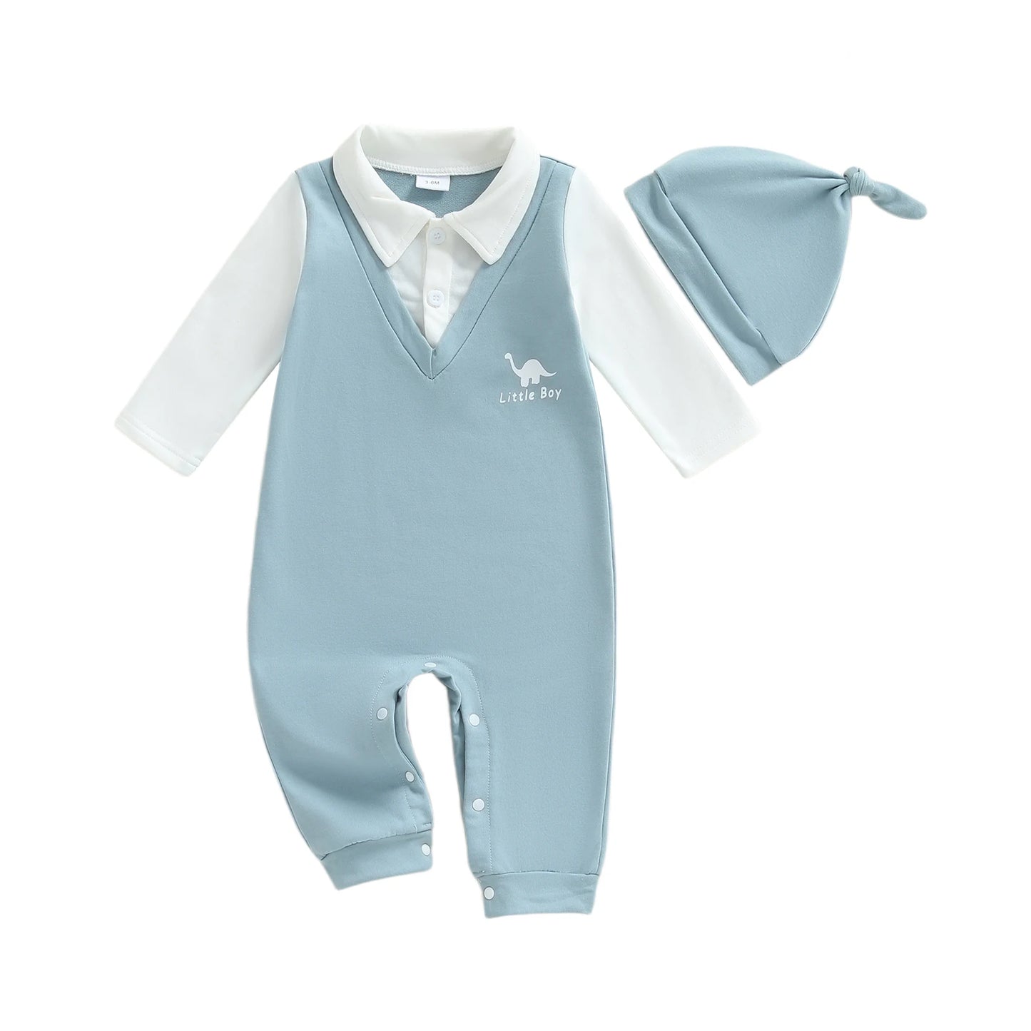 Toddler Boys Autumn Romper Color Block Long Sleeve Lapel Animal Print  Outfit with Matching Beanie