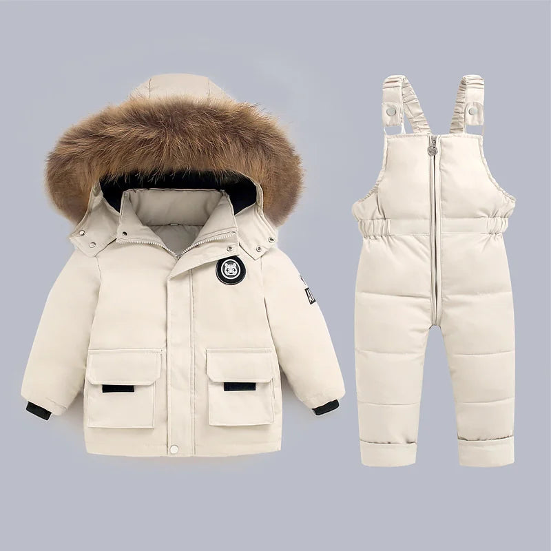 Winter Warm Down Jackets Boys Thicken Jumpsuit parka Overalls Baby toddler Girl Clothes Kids Snowsuit Children Clothing Set 2pcs