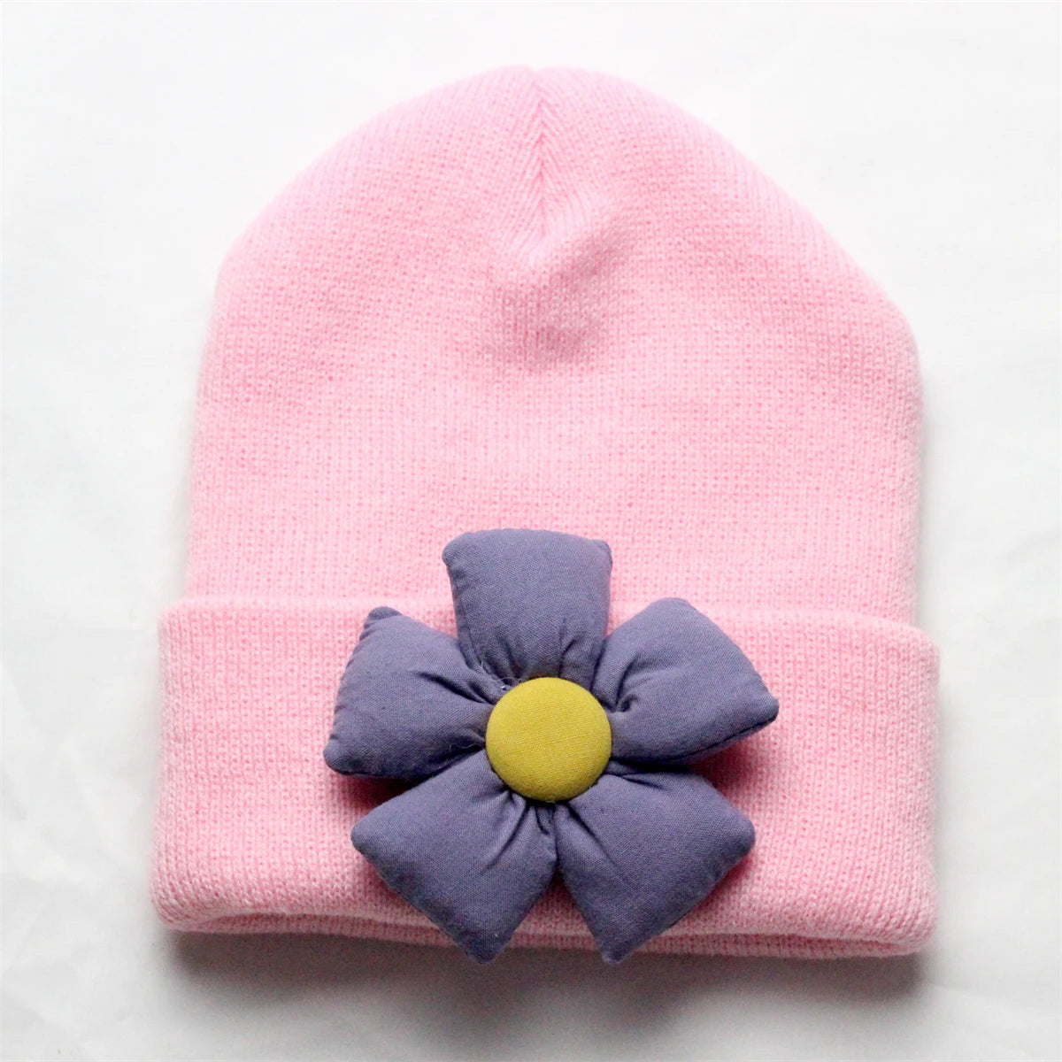 Flower Winter Knitted Hat for Baby Girl Hair Accessories Newborn Cute Winter Crochet Beanie with Fabric Sun Flower Infant Bonnet