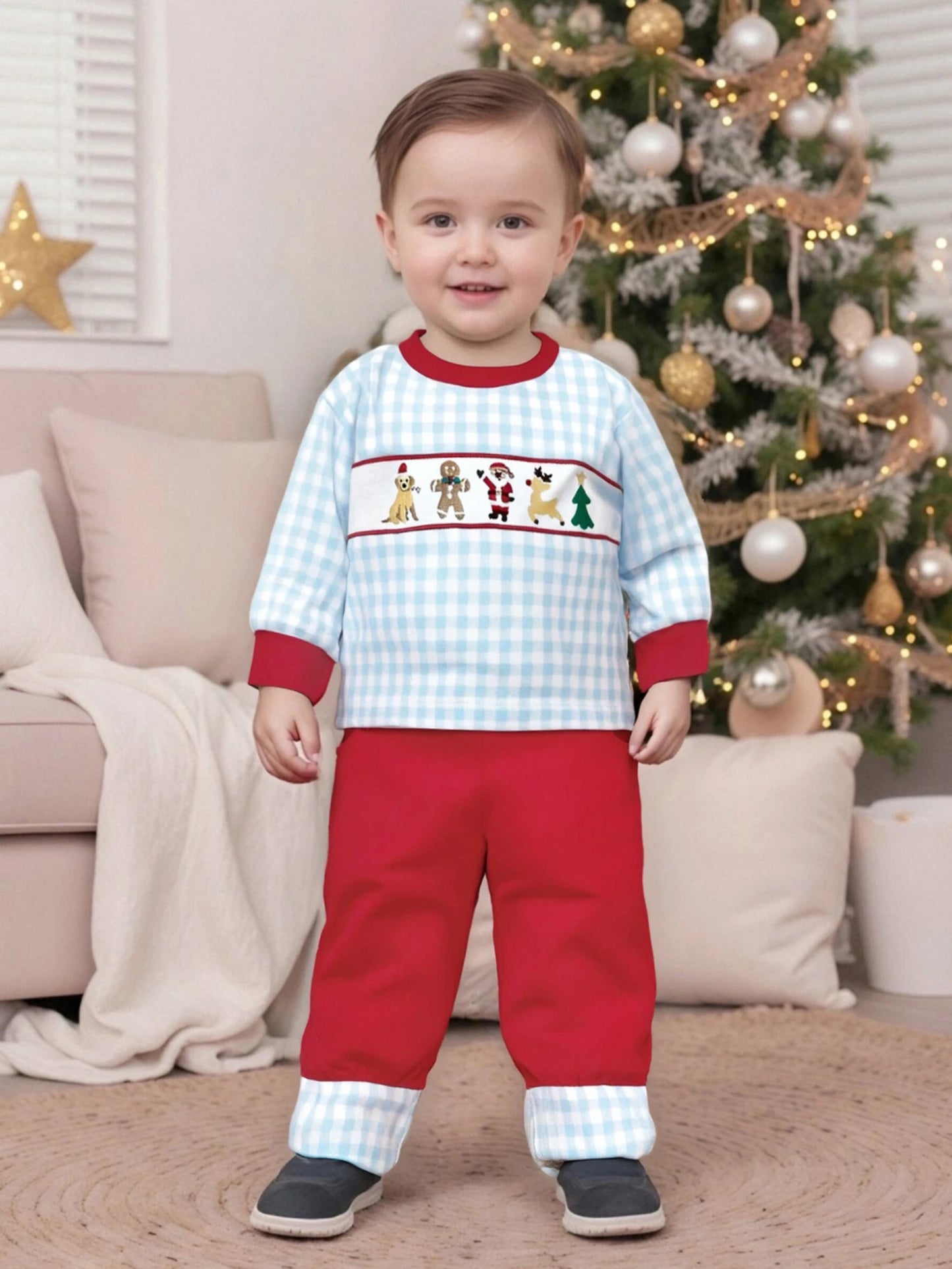 Kids 2-Piece Christmas Pajama Set with Long Sleeve Embroidered Top and Pants for Boys Sleepwear Outfit