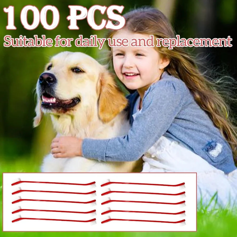 100Pcs Dog Toothbrush Dual Headed Puppy Tooth Brushing Kit with Long Handle Soft Grooming Pet Dental Brushes Convenient Double