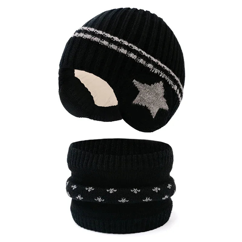 2pcs 3-12Y Kids Autumn Winter Set Warm Thick Windproof Ear Protection Hat Scarf for Boys Girls