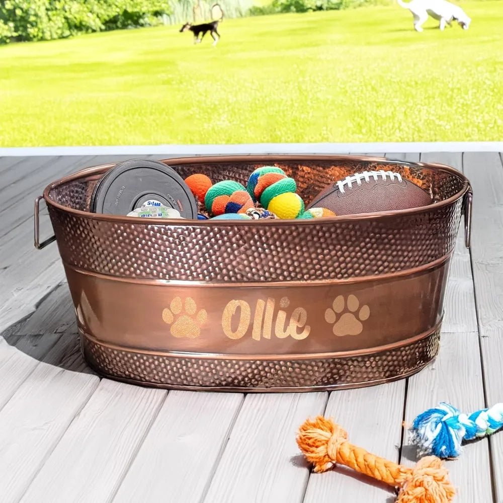 Personalized Metal Dog Toy Bin - Copper Galvanized Storage Bin with Handles, Basket for Pet Toys, Dog Toy Box, Pet Storage - Cus