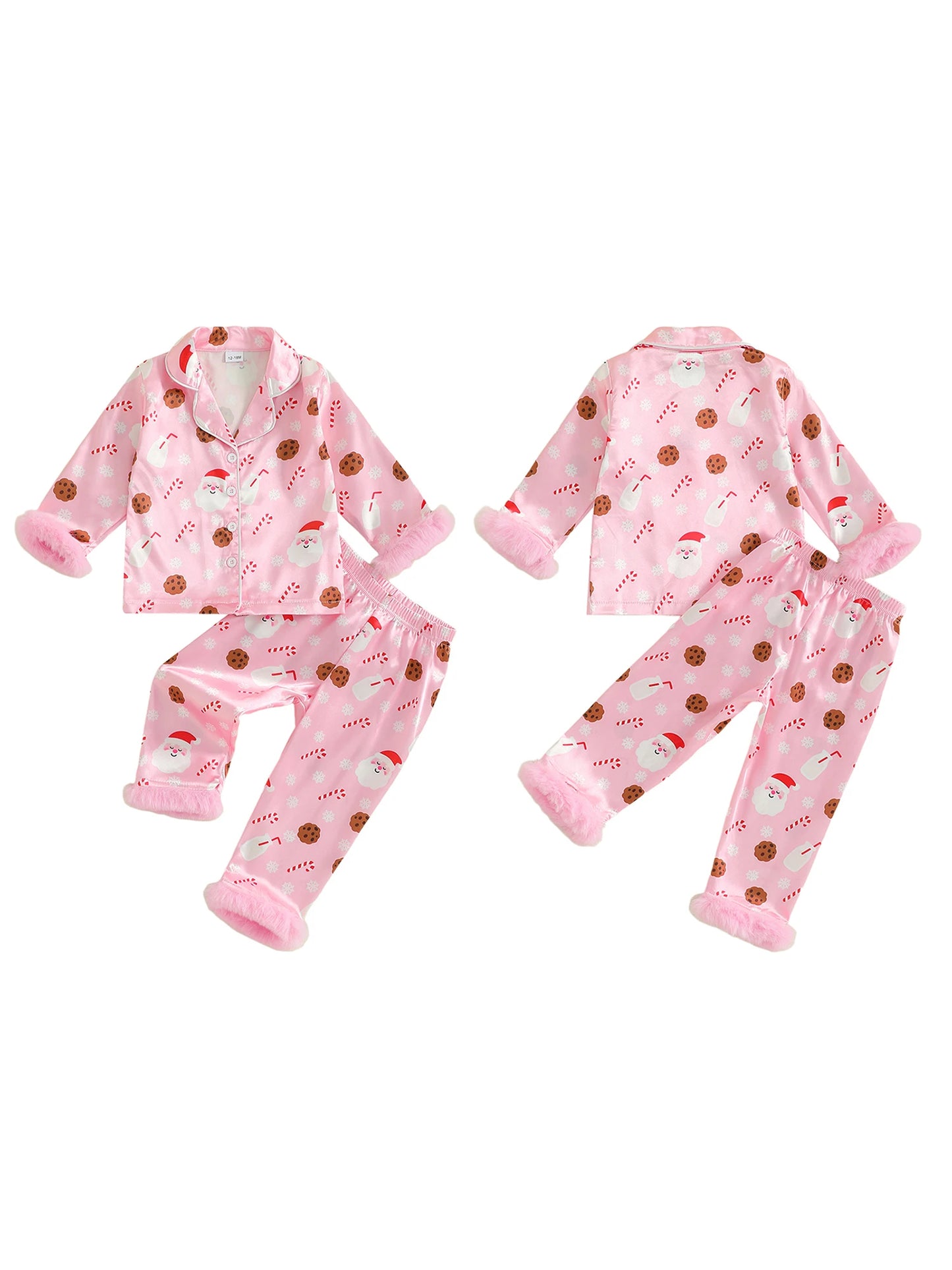 Christmas Toddler Girl Satin Pajamas Set with Reindeer Print Lapel Long Sleeve Button Down Tops and Pants Sleepwear for Winter