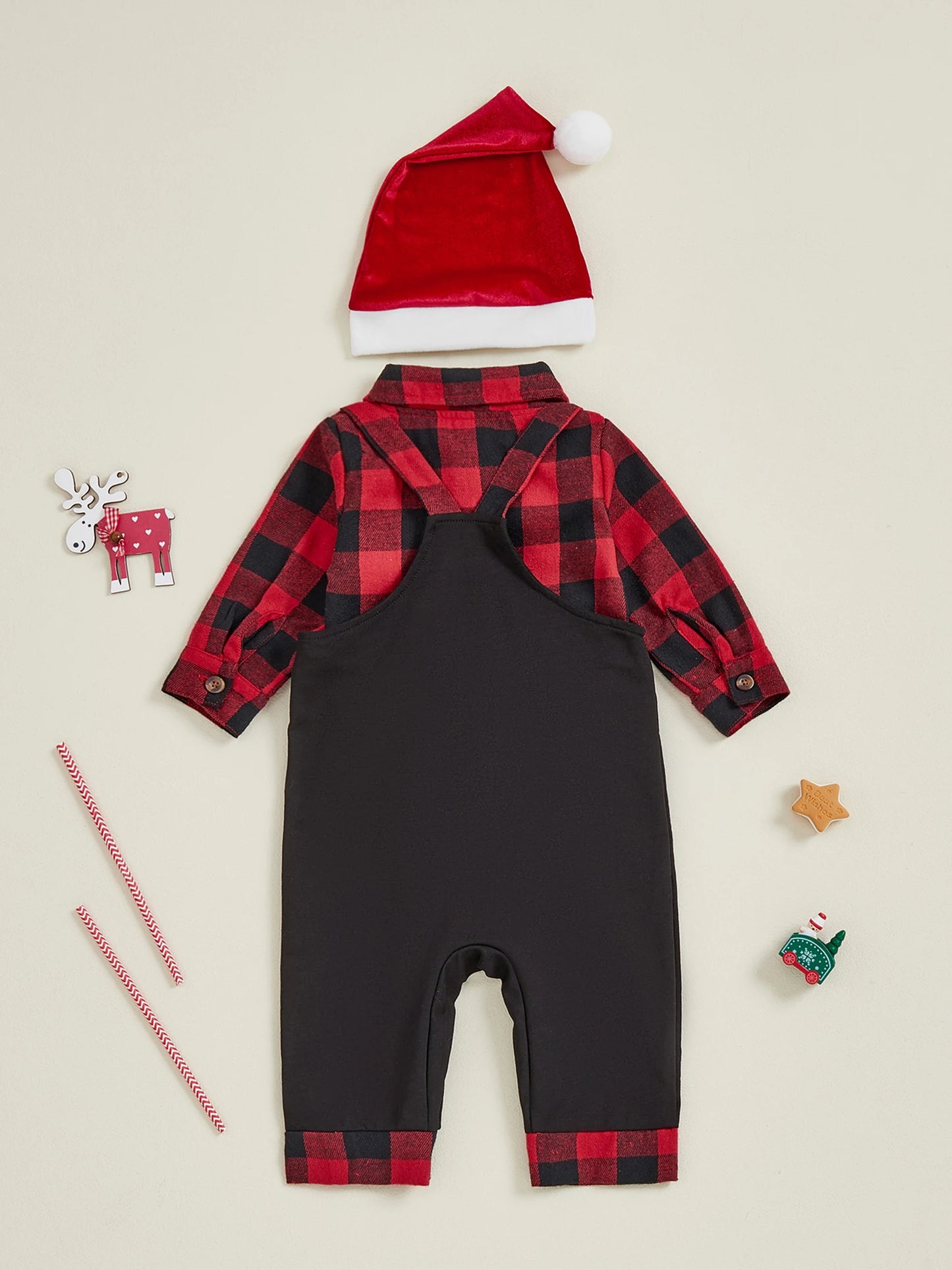 Toddler Boy Winter Outfit Plaid Shirt Long Sleeve Overalls Pants and Hat 3Pcs Christmas Clothes Set Letter Embroidery Jumpsuit