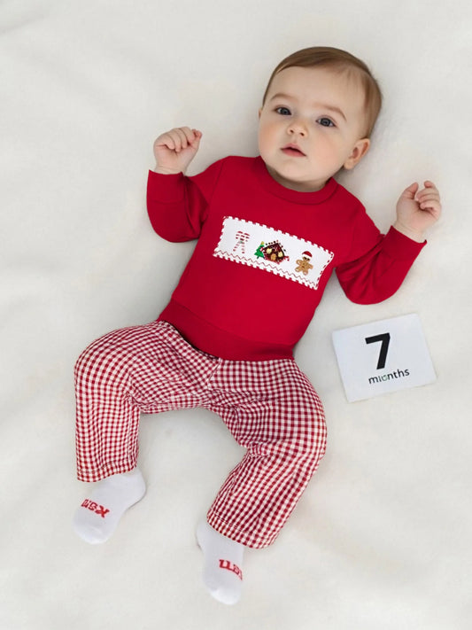 Infant Christmas Reindeer Romper and Hat Set with Snowflake Print and Pom Pom Detail for Holiday Festivities