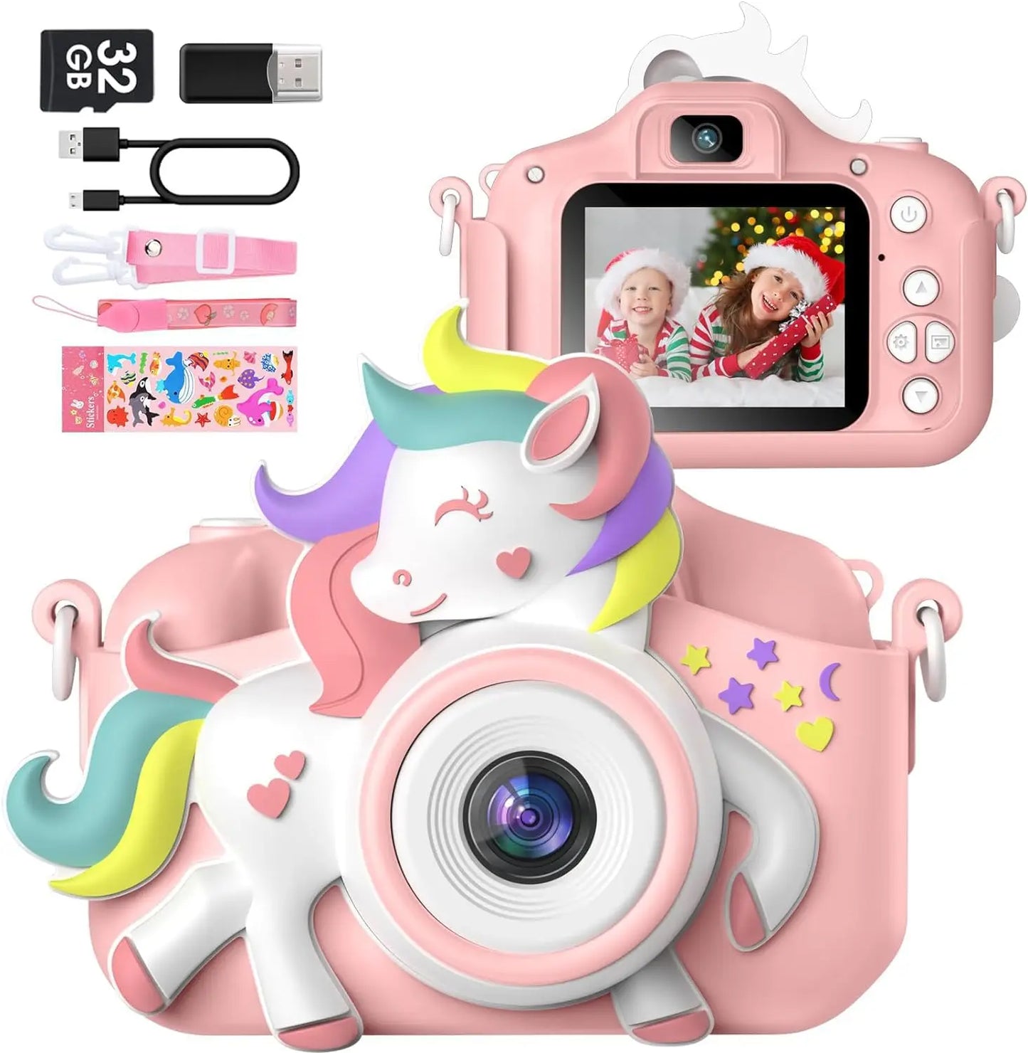 2.0" Kid's Camera 20MP 1080P HD Toddle Selfie Camera Cute Cartoon Digital Cmaera Toy With 32GB Card Gift For Girls & Boys