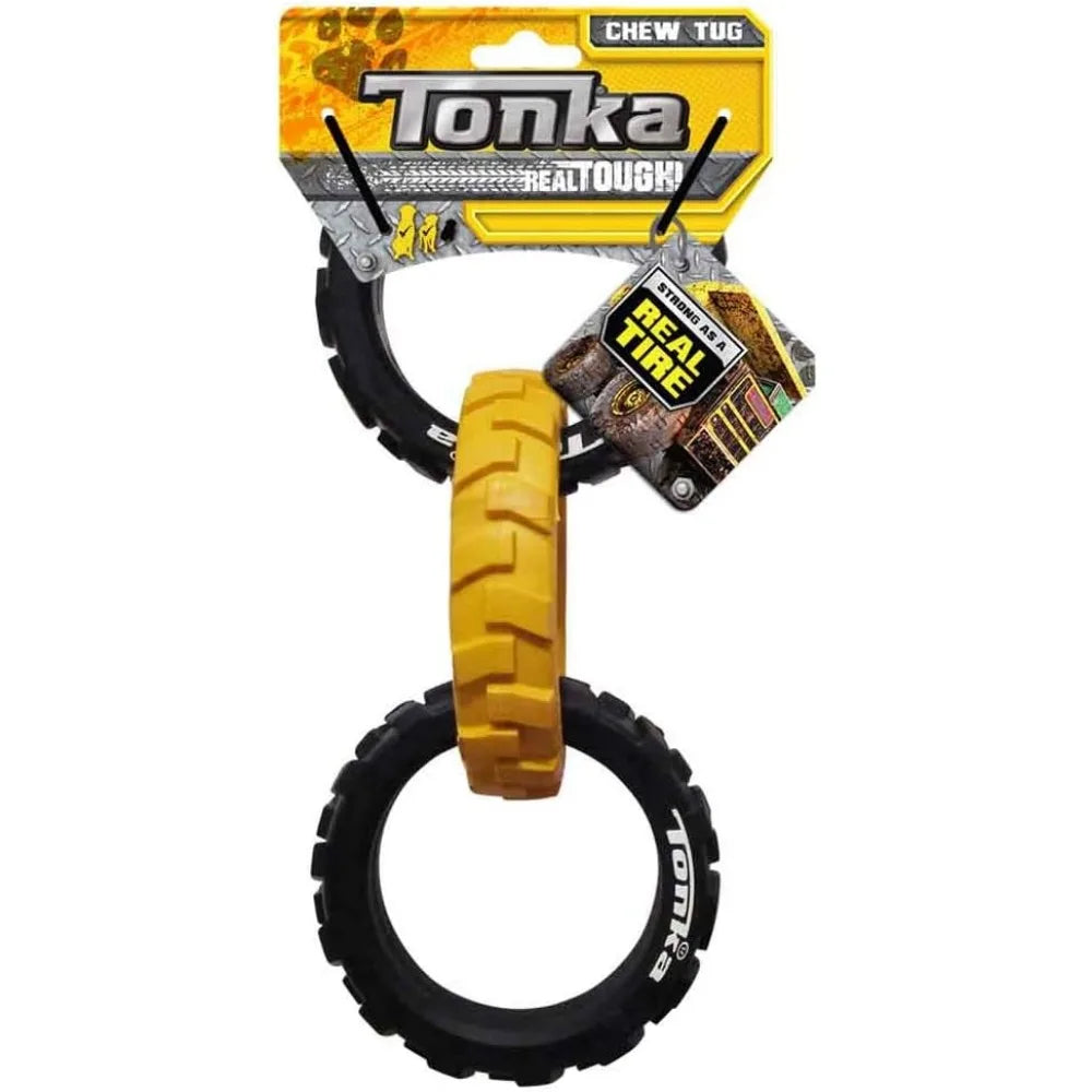 Tonka Three Dog Toy Gift Set - 3in Mega Ball, 7in Axle Tread with Insert Feeder, and 10.5in Rubber Flex Tread 3-Ring Tug - Yello