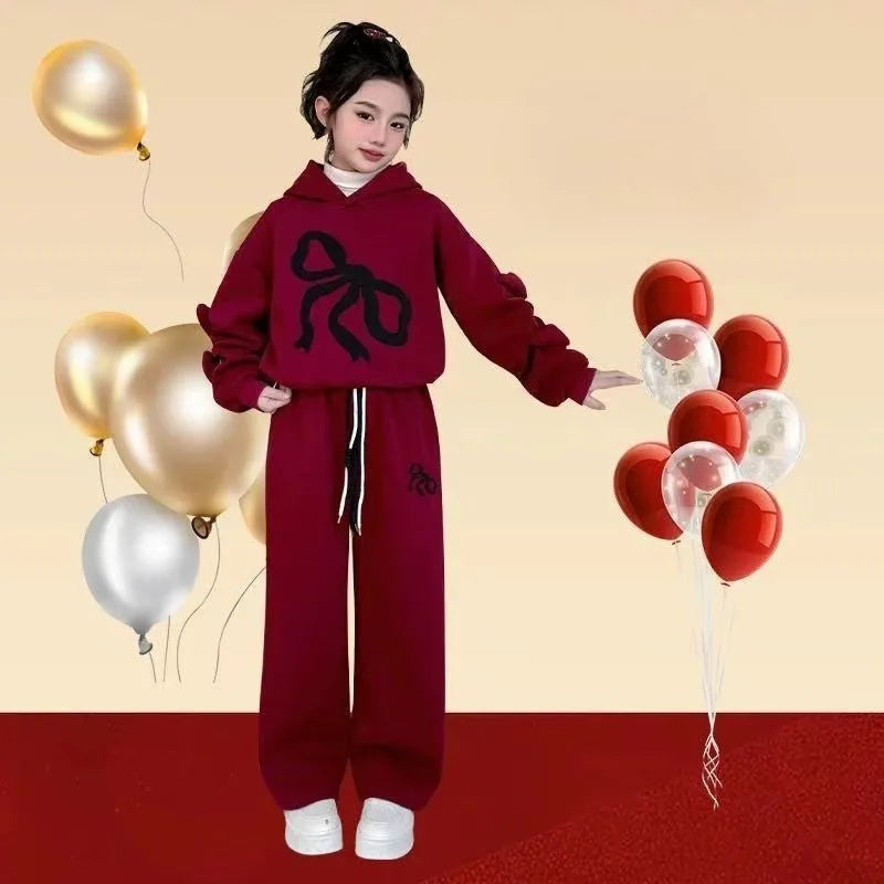 Fleece-lined Top & Pants 2-Piece Set Hoodies Bow Girls' Outfits Children's Clothing Korean Kids Clothes 11 12 Years Girl 10 Old