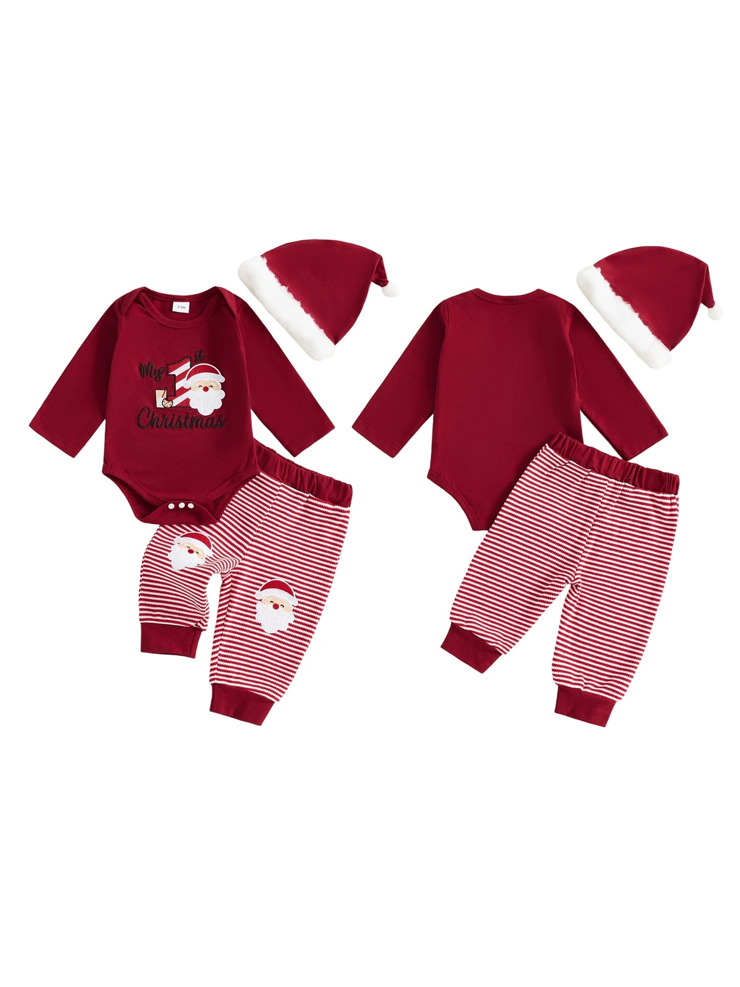 Toddler Boy Winter Holiday Outfit Santa Claus Embroidered Romper Striped Pants and Hat 3-Piece Set for Christmas
