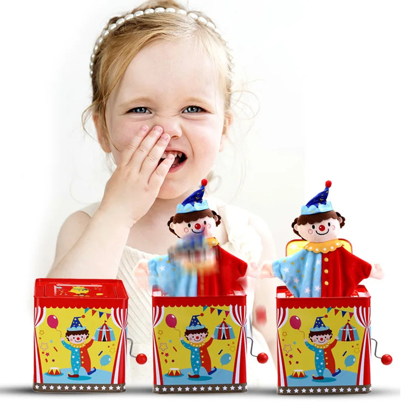 Jack in the Box Classic Children's Musical Toy Colorful Embossed Tin Box and Friendly Plush Age 18 months and Up