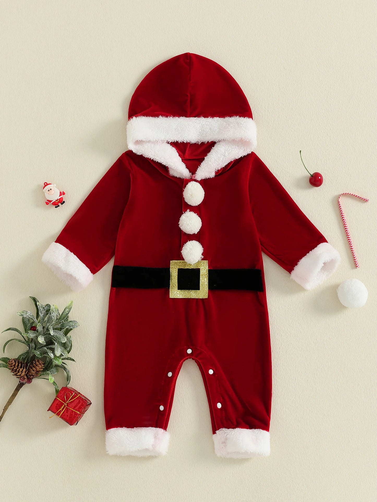 Infant Holiday Red Velvet  with Festive Belt Design Long Sleeves Hood and Santa Print - Adorable Christmas Outfit