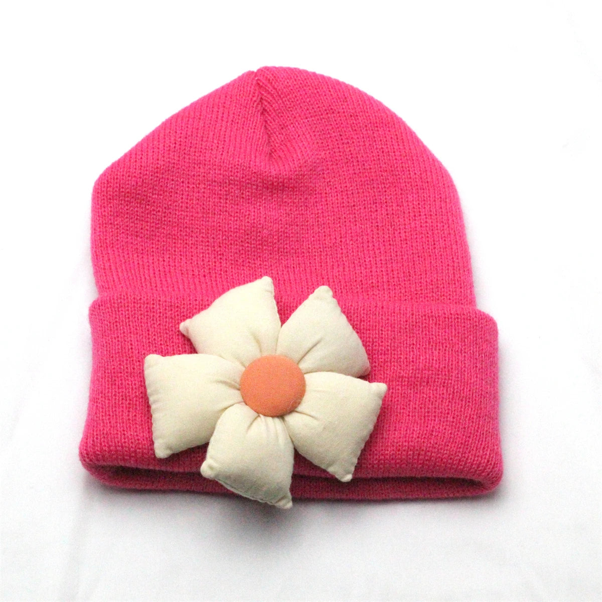 Flower Winter Knitted Hat for Baby Girl Hair Accessories Newborn Cute Winter Crochet Beanie with Fabric Sun Flower Infant Bonnet