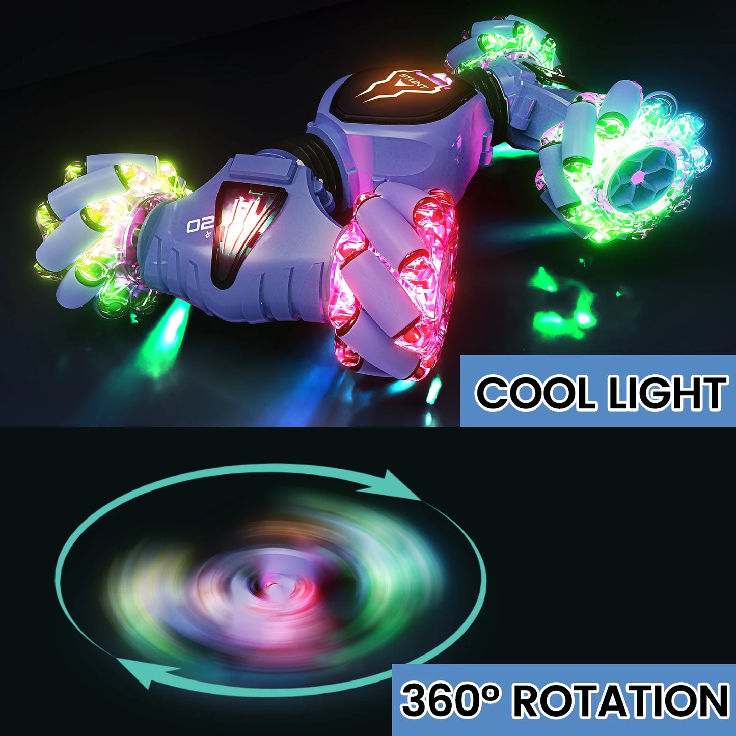 Remote Control Cars with Lights&Quick Hand Control , 2.4GHz 4WD Gesture Sensing, 360° Rotating Double Sided RC Stunt Car Toys