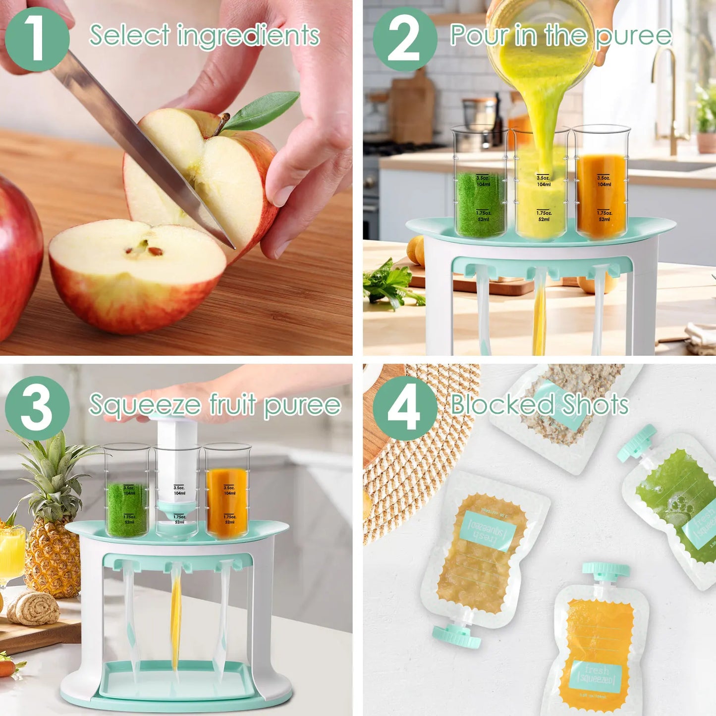 Squeeze Station for Baby Reusable Fruit Puree Pouch Filling Maker with 5 Portable Bags Pouch Filling Station for Homemade Food