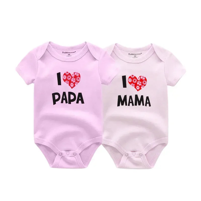 Newborn Twin 2 Pcs Baby Bodysuits - Four Seasons 100% Soft Cotton "I love Papa Mama" Onesies for Boys Girls