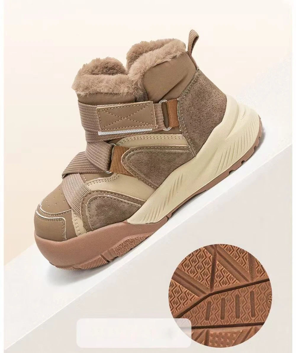 Winter Snow Boots For Children PU Leather Thick Warm Plush Boots For Boys Girls Soft Warm Cotton Shoes For Teenager Kids