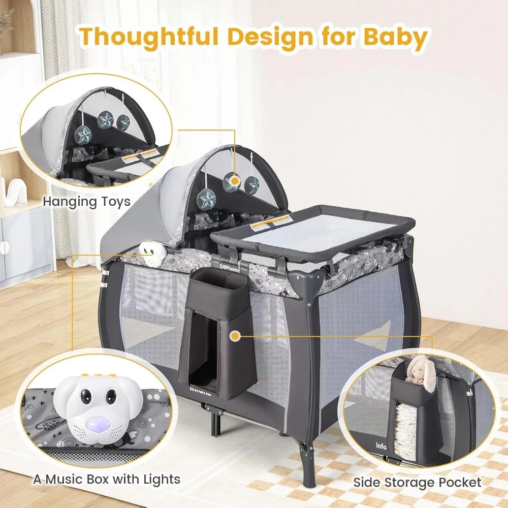 4 in 1 Pack and Play, Portable Travel Baby Playard with Bassinet, Changing Table, Canopy, Mosquito Net, Hanging Toys,