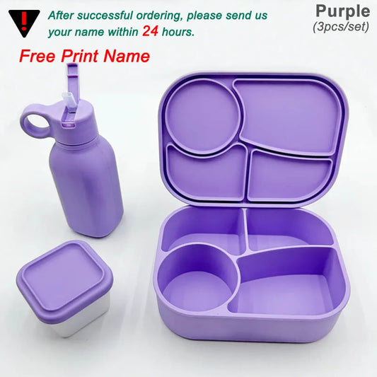 Personalized Name Silicone Lunch Bento Box Straw Water Bottle Sets Camping Picnic Food Drinkware Container Sippy Bottle For Kids