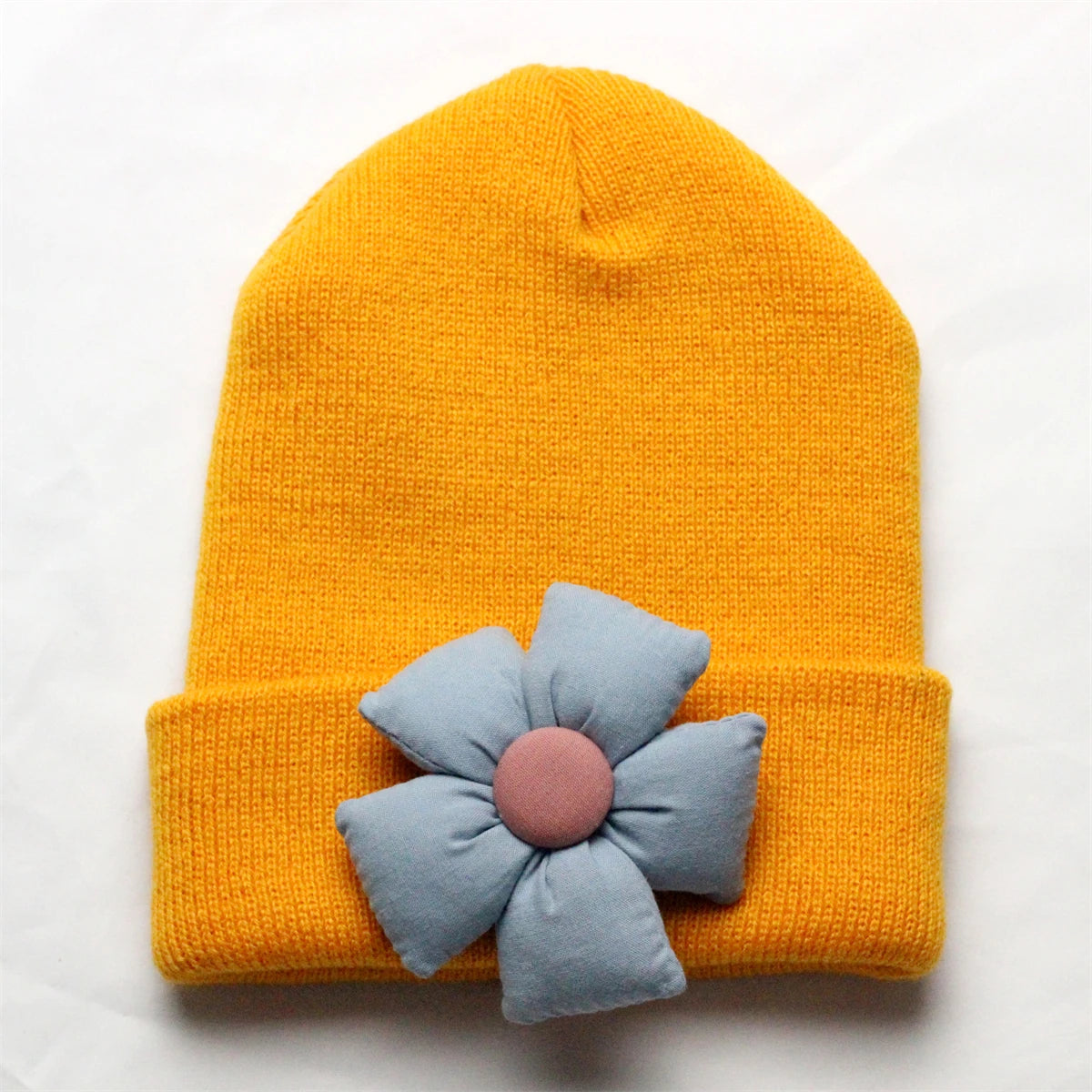 Flower Winter Knitted Hat for Baby Girl Hair Accessories Newborn Cute Winter Crochet Beanie with Fabric Sun Flower Infant Bonnet