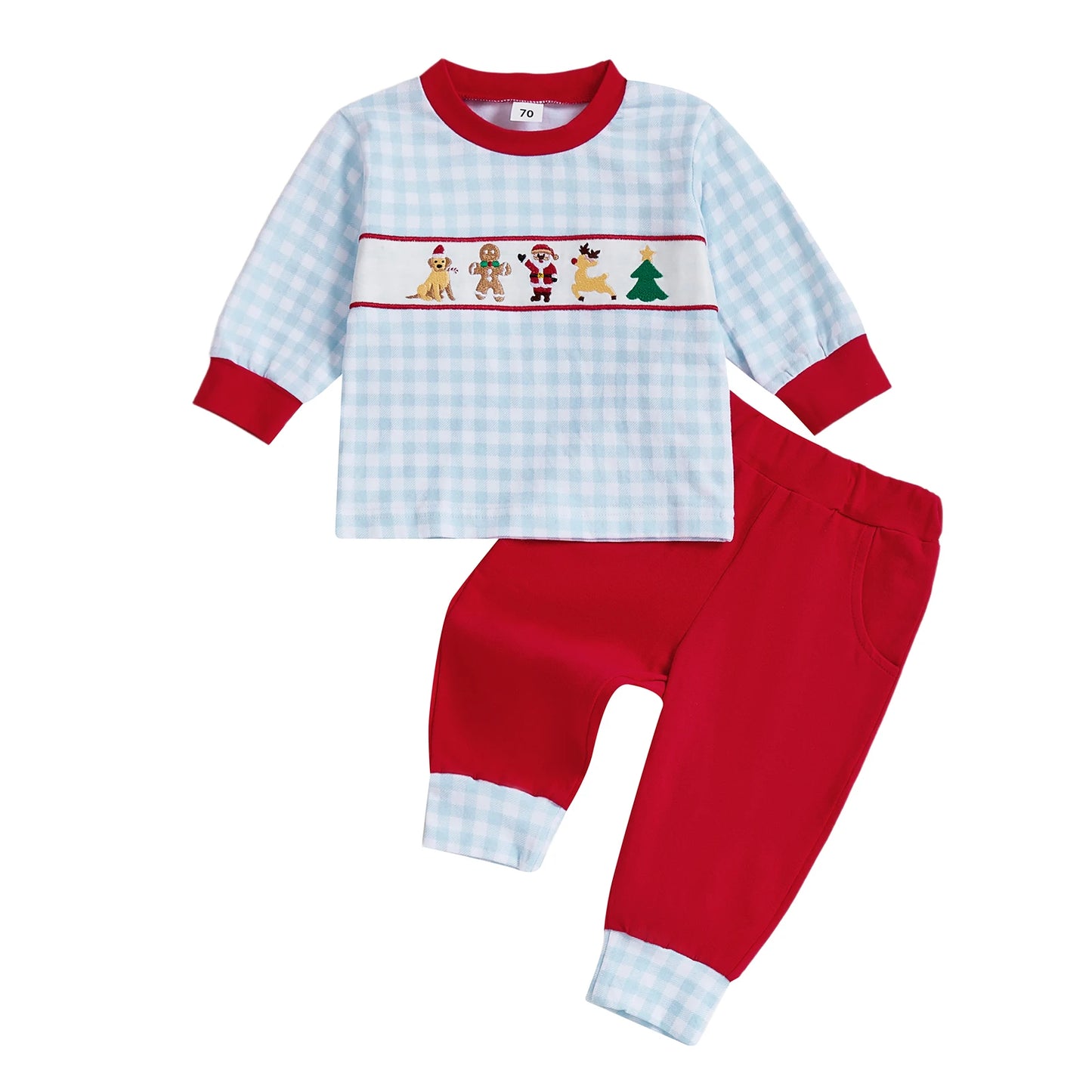 Kids 2-Piece Christmas Pajama Set with Long Sleeve Embroidered Top and Pants for Boys Sleepwear Outfit