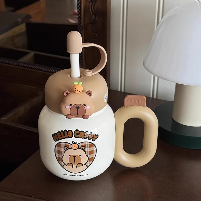 Cute Thermos Bottle With Handle Girls Straw Water Cup Desktop 316 Stainless Steel Tea Water Separation Insulated Cup Tumbler