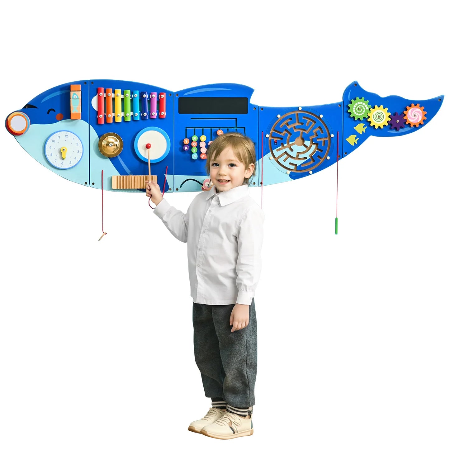 SucceBuy Orca Kids Wall Busy Board 12 Activities Hanging Panels Montessori Sensory Learning Toys for Toddler 3-12 Play Toys