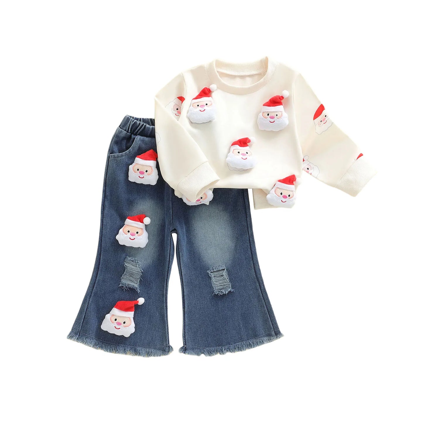 Toddler Girl Christmas Outfits 3D Reindeer Long Sleeve Round Neck Pullover Elastic Waist Ripped Denim Pants 2 Pcs Set