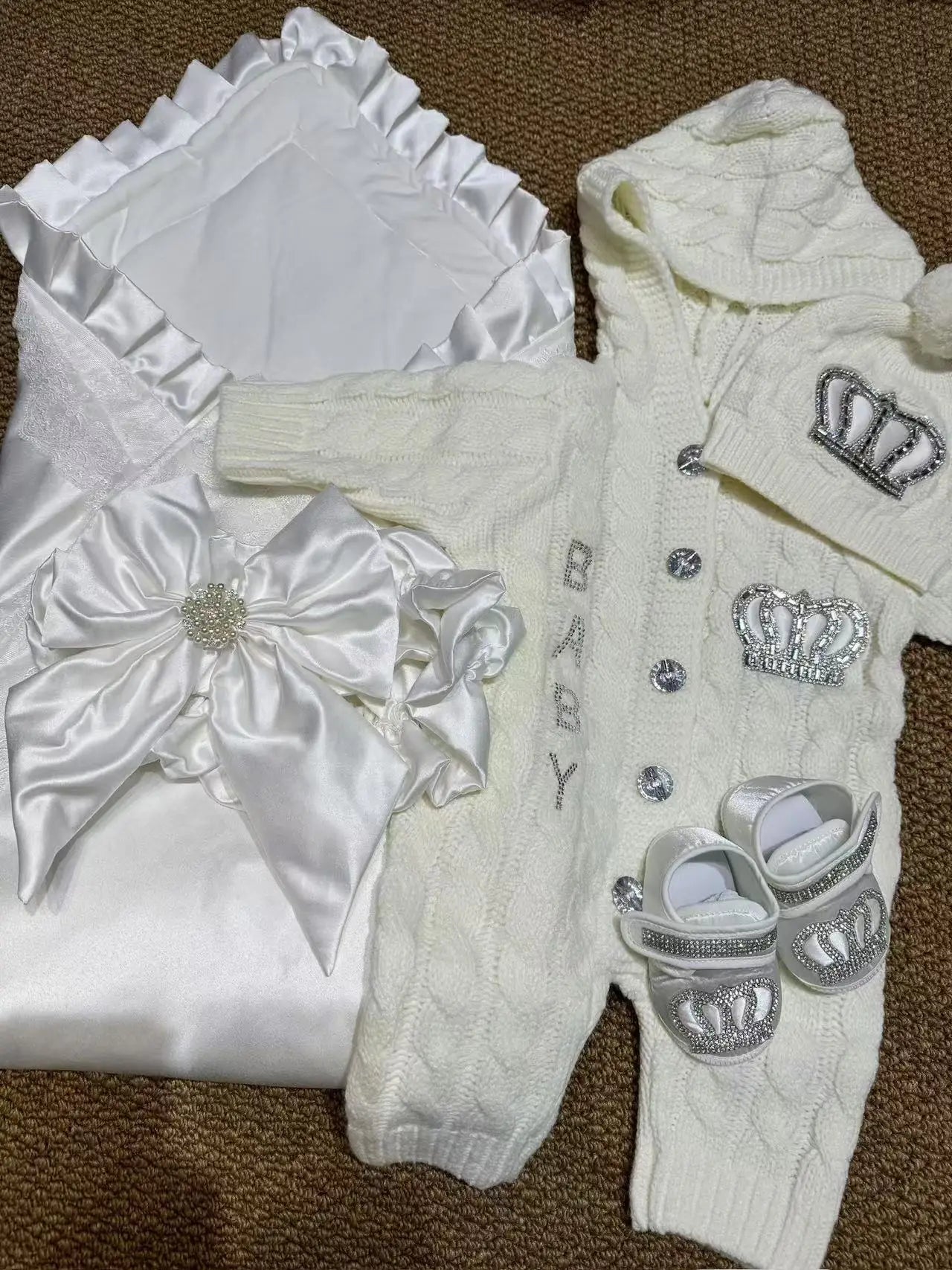 White Baptism Baby Coming Home Hospital Outfit Cotton Romper Knitted Back pants Receiving Blanket Swaddle Gift Set